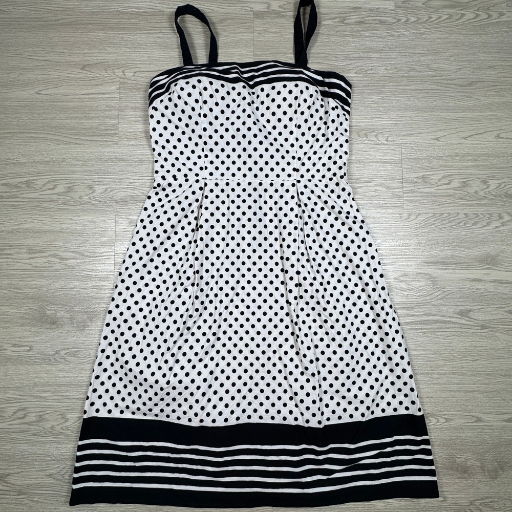 R&K Originals Womens Fit and Flare‎ Dress White Black Polka Dot 12 Retro Preppy